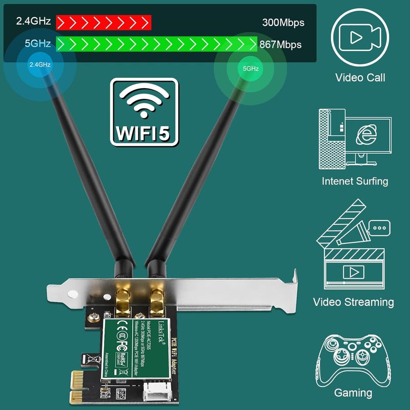 LinksTek Wireless-AC 1200Mbps (2.4GHz 300Mbps and 5GHz 867Mbps) PCIE WiFi Adapter, PCIE WiFi Card, Intel Wireless-AC 7265 Network Adapter for Windows 11,10, 8.x, 7 (32/64bit) Desktop PCs (PCIE-AC7265) - Image 3